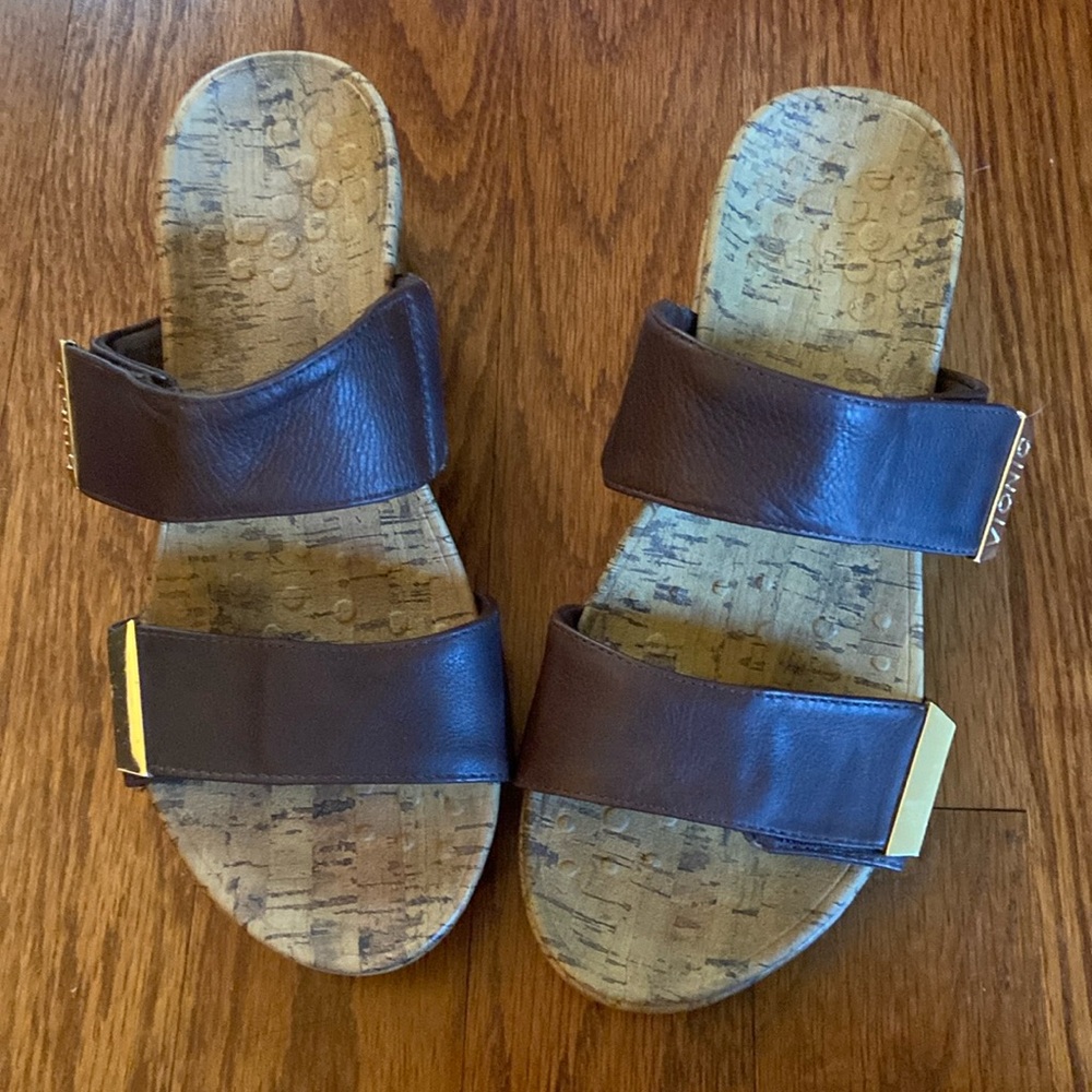 Vionic Dark Brown Leather Double-Strap Cork Wedges with Gold Accent